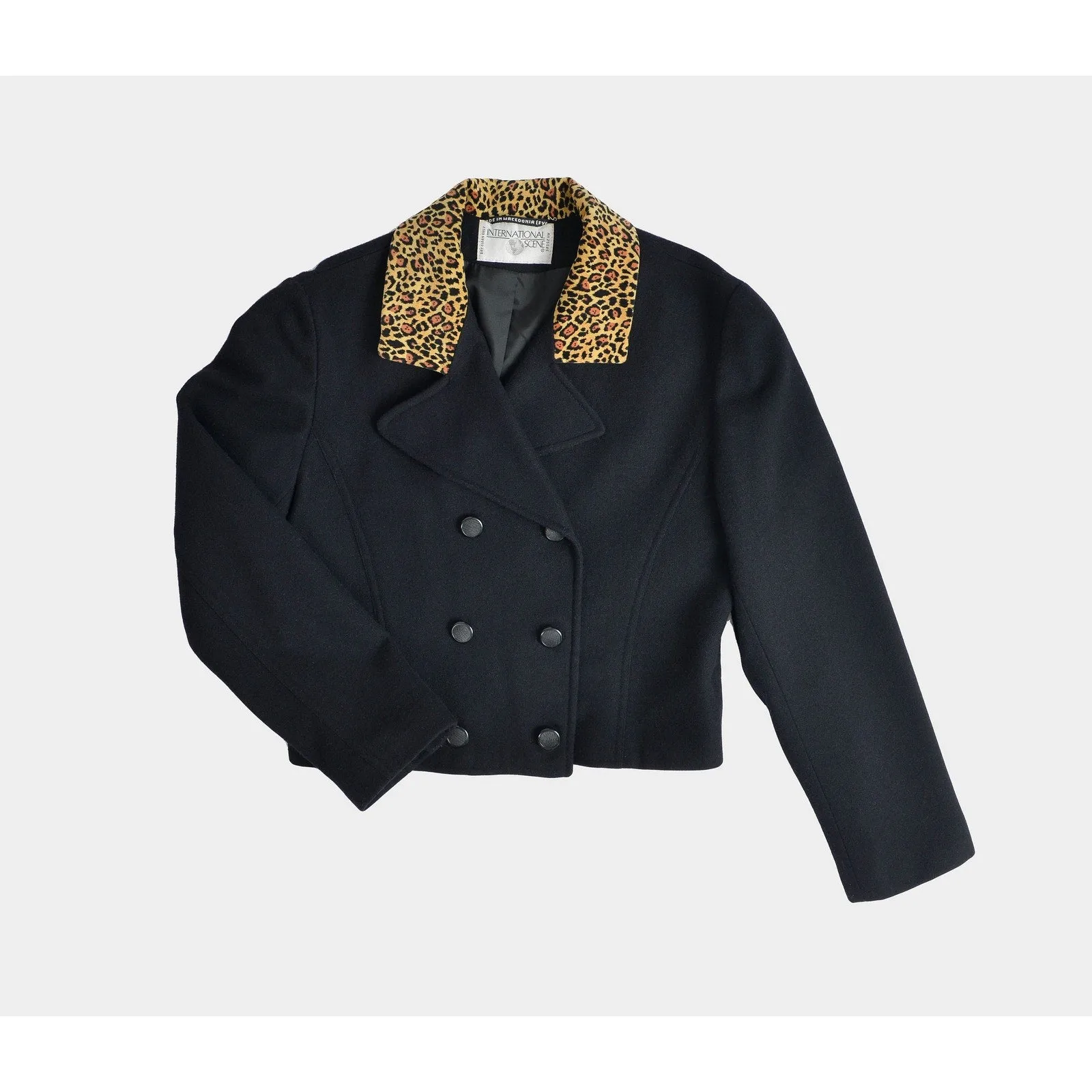 Vintage 80s Black and Leopard Wool Jacket Animal Print Velvet Collar Double Breasted Cropped Jacket size Medium