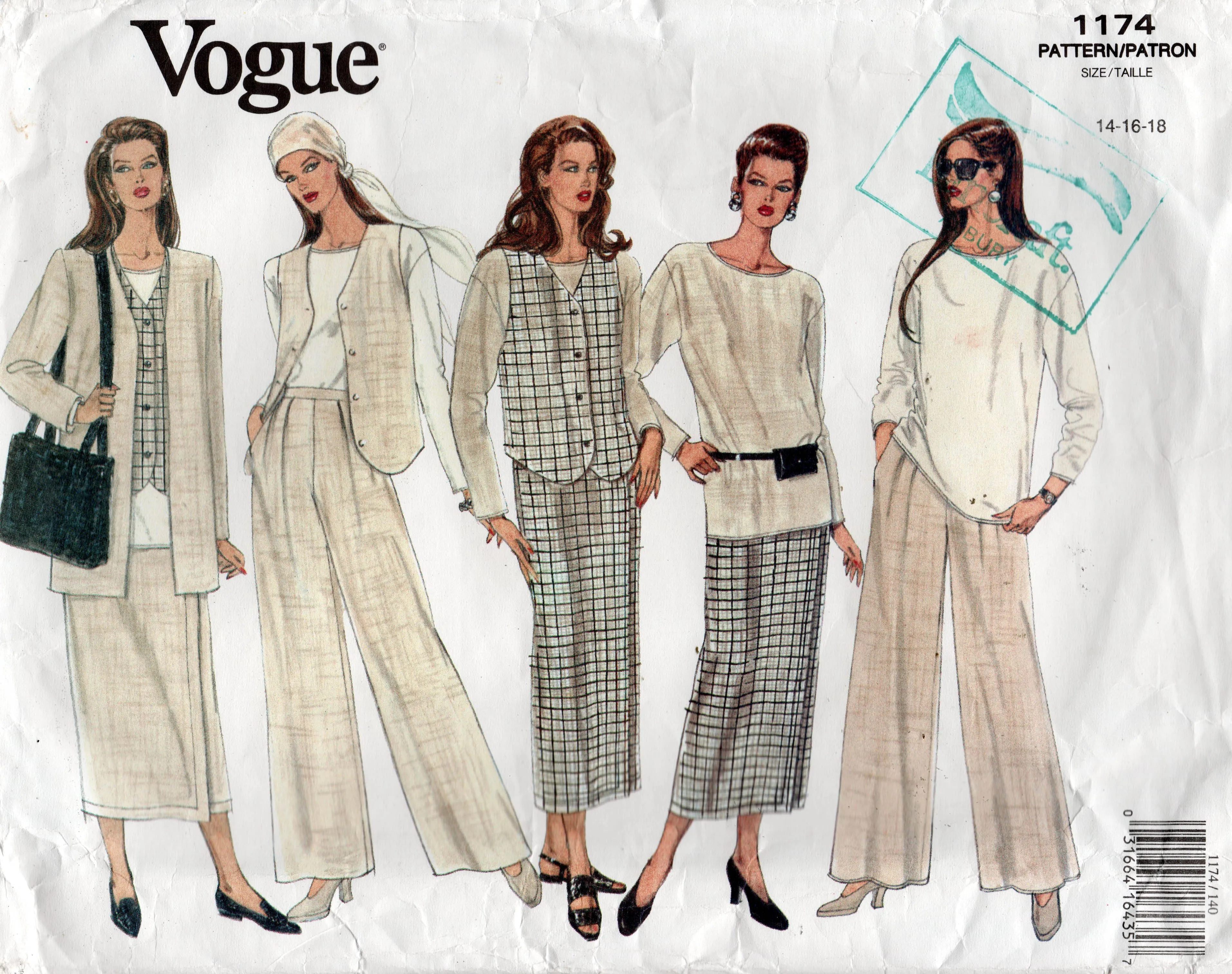 Vogue 1174 Womens Jacket Tunic Dress Wrap Skirt & Wide Leg Pants 1990s Vintage Sewing Pattern Size 14 & 16