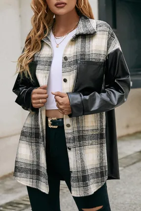 Winter Outfits PU Leather Splicing Plaid Shacket Coat