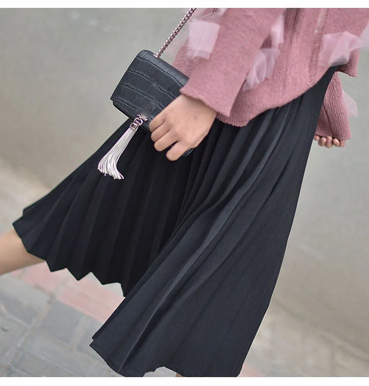 Wjczt 2022 Spring Women Elegant Pleated Skirt High Waist Women White Long Skirt Female Ladies High Quality Women Midi Skirt Black Saia