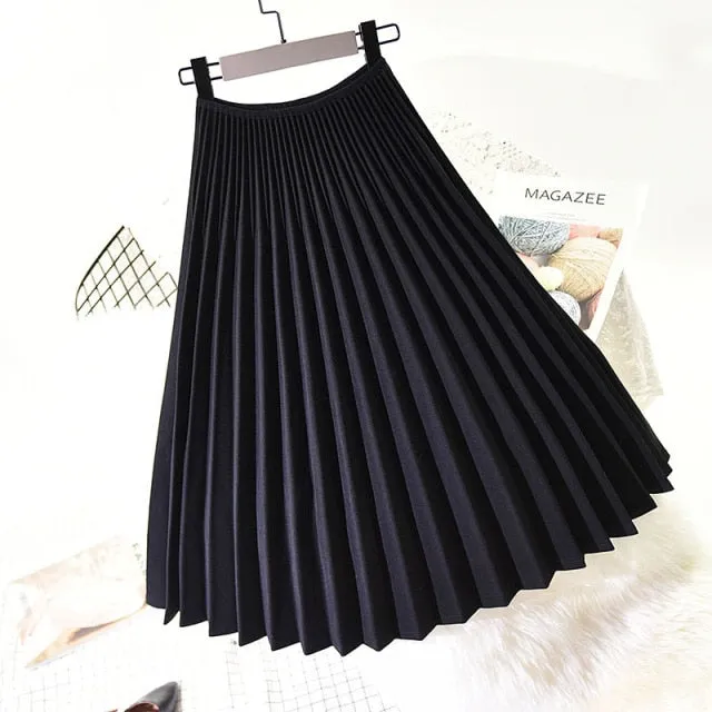 Wjczt 2022 Spring Women Elegant Pleated Skirt High Waist Women White Long Skirt Female Ladies High Quality Women Midi Skirt Black Saia