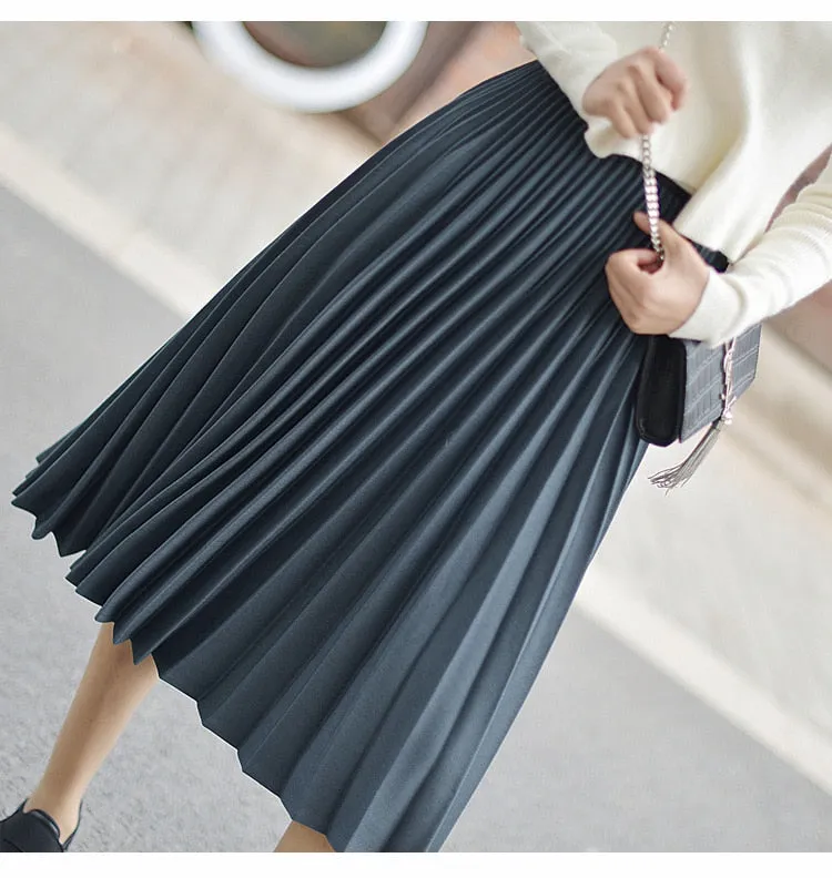 Wjczt 2022 Spring Women Elegant Pleated Skirt High Waist Women White Long Skirt Female Ladies High Quality Women Midi Skirt Black Saia