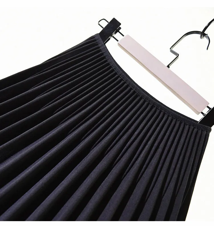 Wjczt 2022 Spring Women Elegant Pleated Skirt High Waist Women White Long Skirt Female Ladies High Quality Women Midi Skirt Black Saia