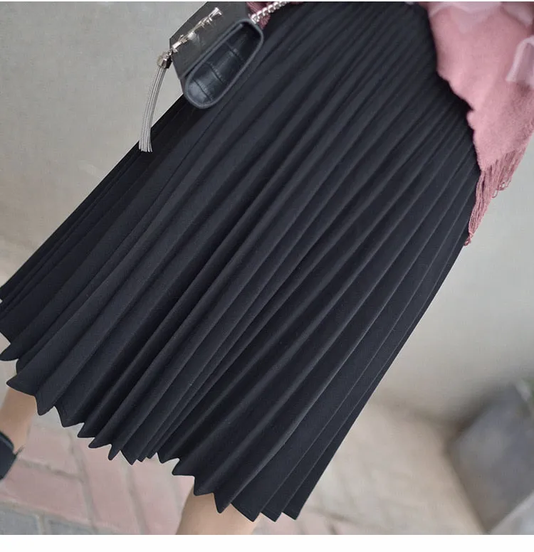 Wjczt 2022 Spring Women Elegant Pleated Skirt High Waist Women White Long Skirt Female Ladies High Quality Women Midi Skirt Black Saia