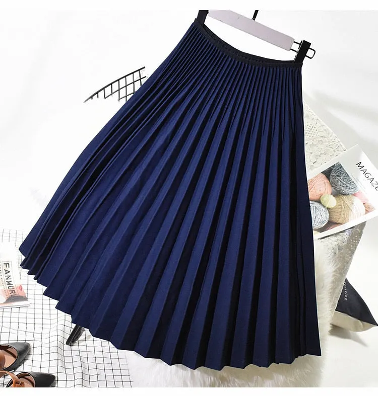 Wjczt 2022 Spring Women Elegant Pleated Skirt High Waist Women White Long Skirt Female Ladies High Quality Women Midi Skirt Black Saia