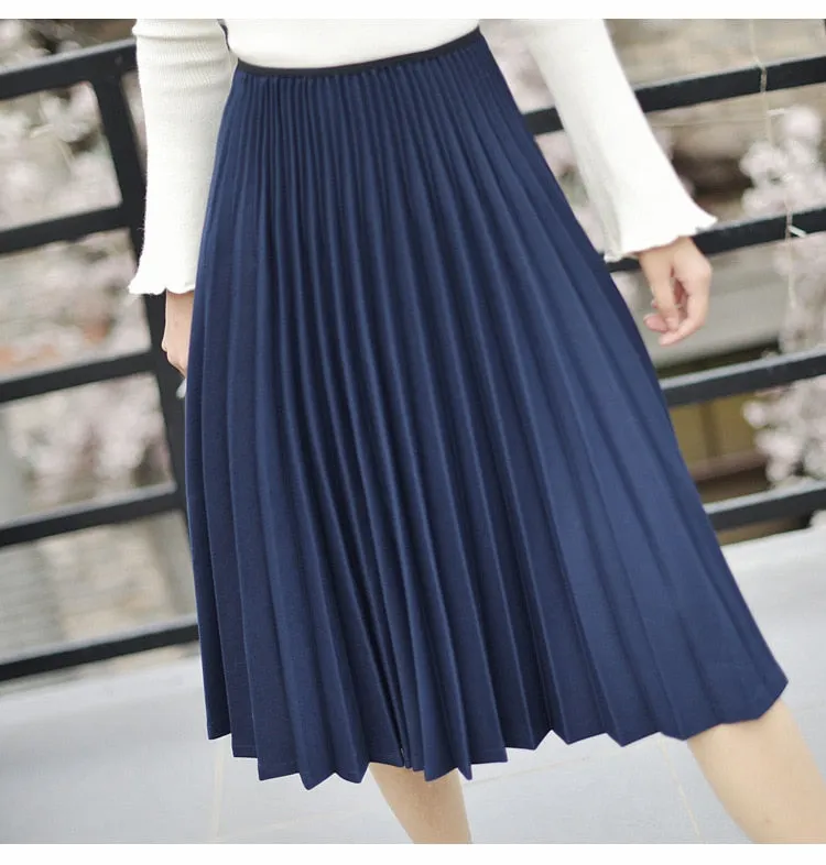 Wjczt 2022 Spring Women Elegant Pleated Skirt High Waist Women White Long Skirt Female Ladies High Quality Women Midi Skirt Black Saia