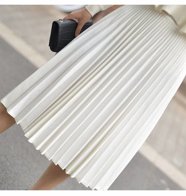 Wjczt 2022 Spring Women Elegant Pleated Skirt High Waist Women White Long Skirt Female Ladies High Quality Women Midi Skirt Black Saia