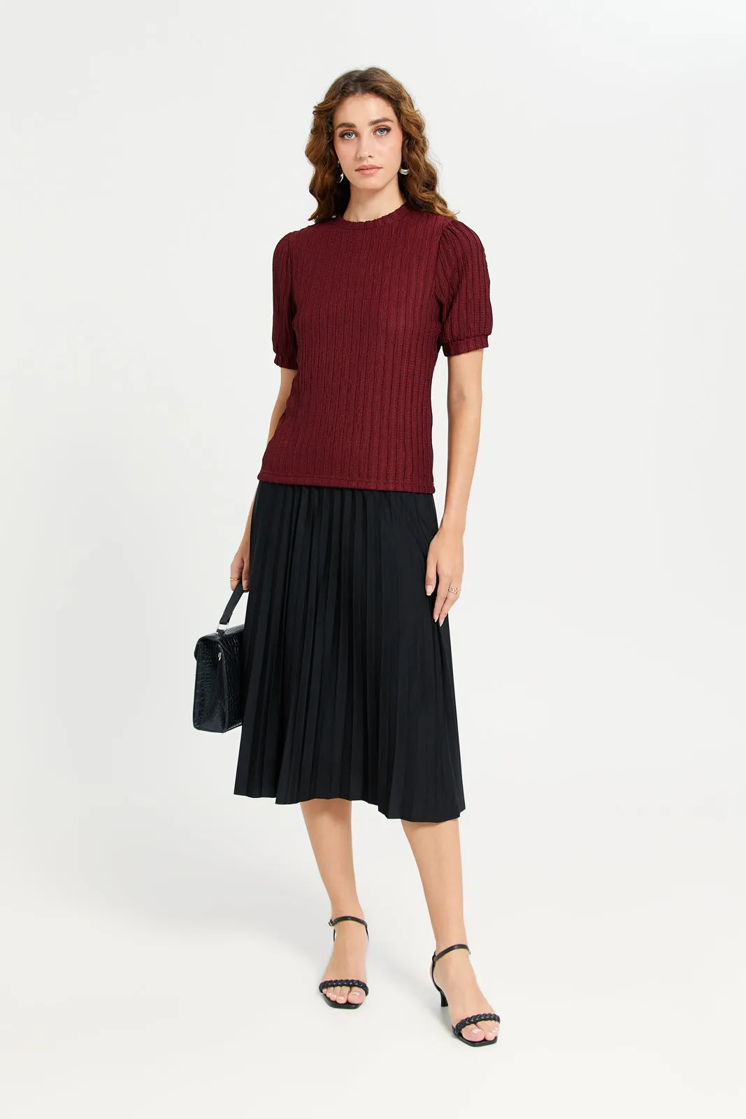 Women Black Plain Pleated Skirt