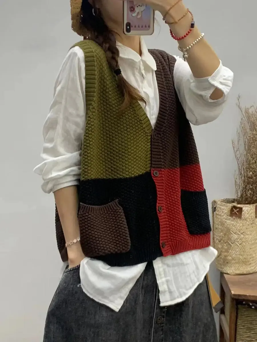 Women Colorblock Knitted V-Neck Vest