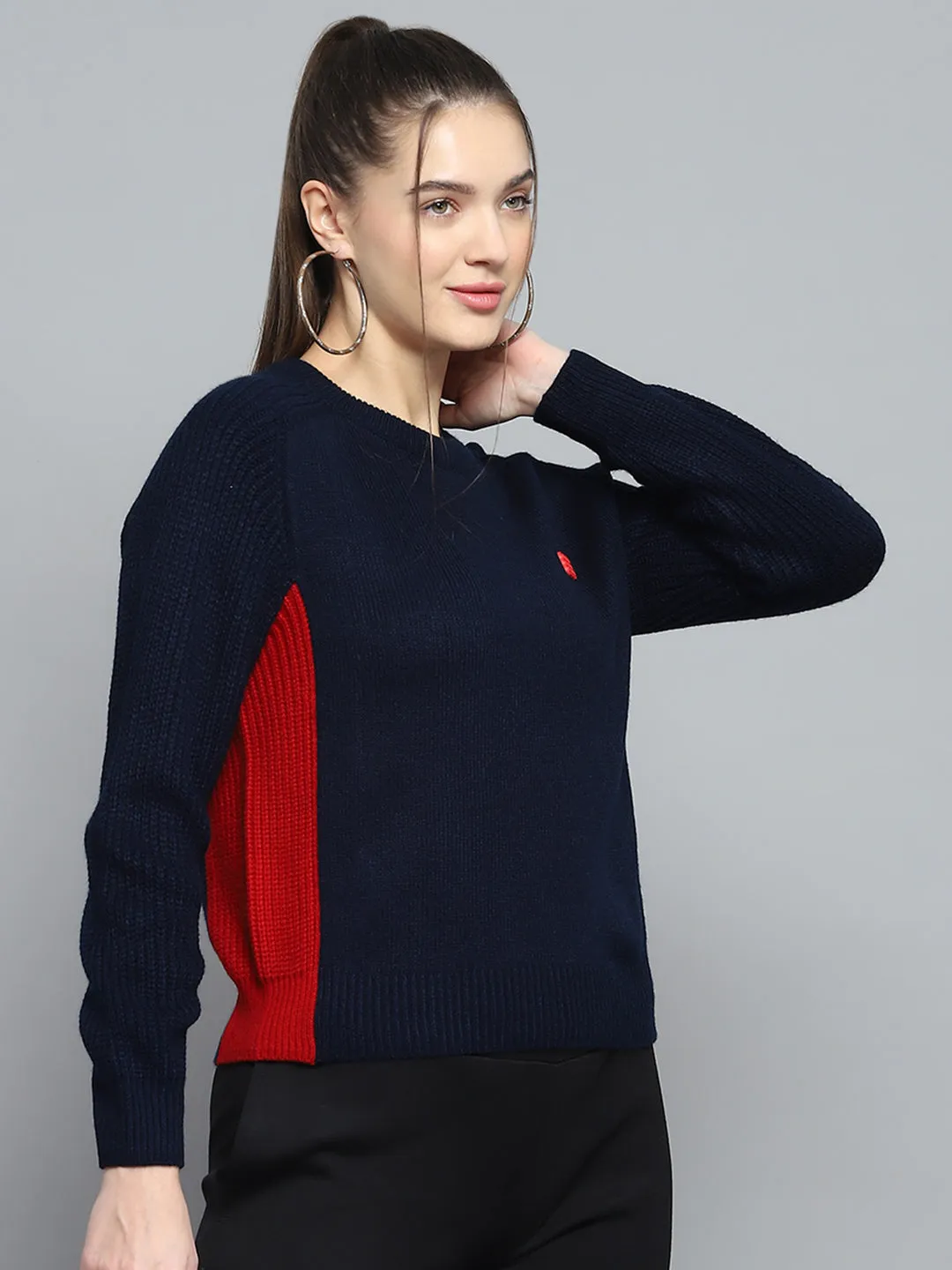 Women Navy Blue Solid Round Neck Full Sleeve Pullover