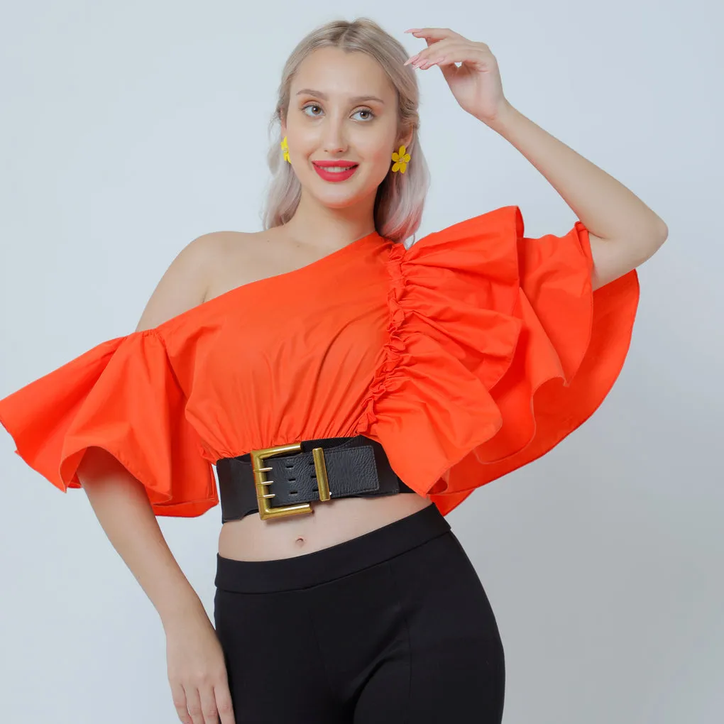 Women Puff Off Shoulder Ruffles Blouse with Belts, Women's Blouse Chic Cropped  top