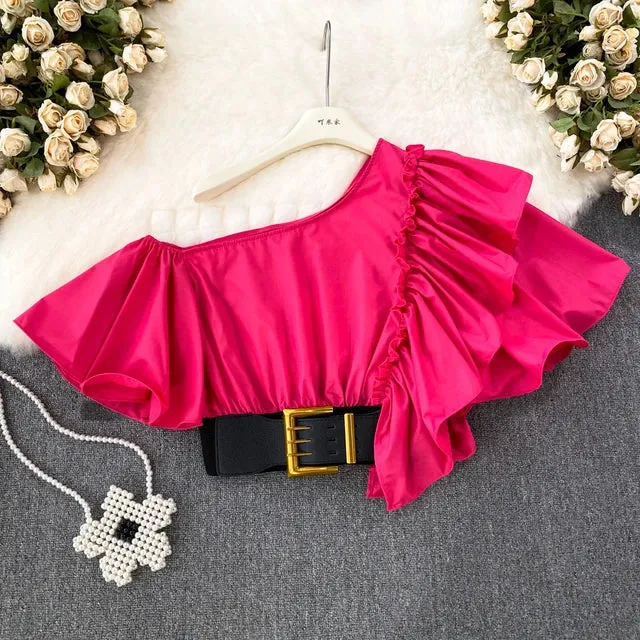 Women Puff Off Shoulder Ruffles Blouse with Belts, Women's Blouse Chic Cropped  top