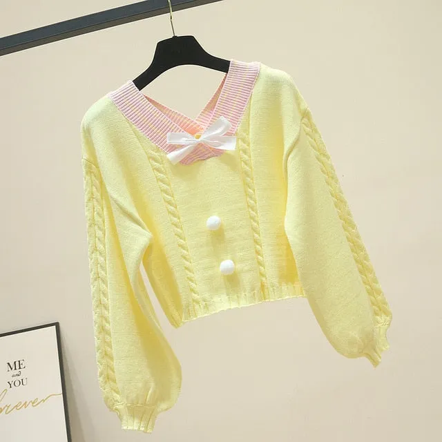 Women Pullover Sweater | V Neck White Pink Blue Yellow Short Sweater | Crop Top Sweater | Kawaii Bow Short Sweater | Korean Style Sweater