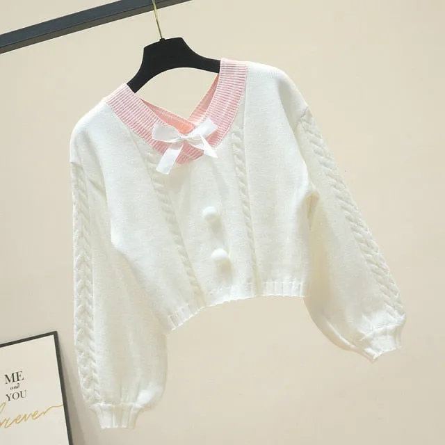 Women Pullover Sweater | V Neck White Pink Blue Yellow Short Sweater | Crop Top Sweater | Kawaii Bow Short Sweater | Korean Style Sweater