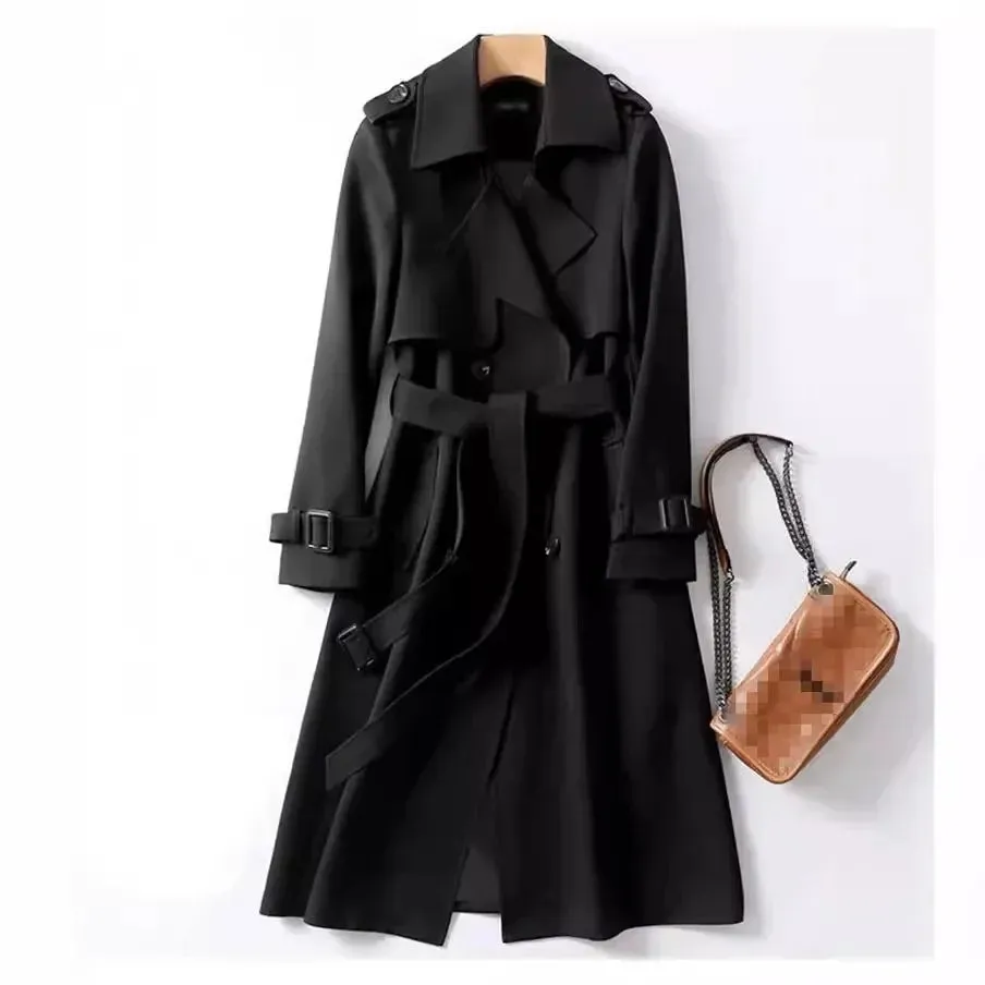 Women Windbreaker With Belt  Medium Length Slim Trench Solid Color  Casual Coats