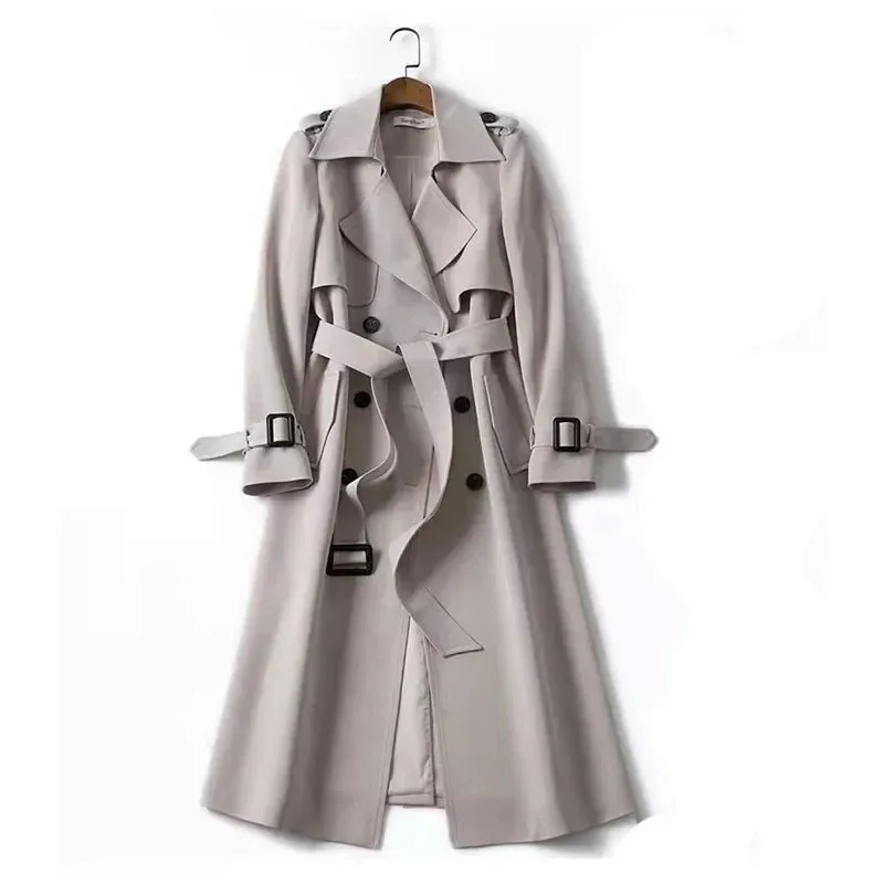 Women Windbreaker With Belt  Medium Length Slim Trench Solid Color  Casual Coats