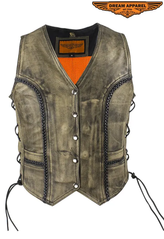 Women's Distressed Brown Leather Motorcycle Vest With Side Laces