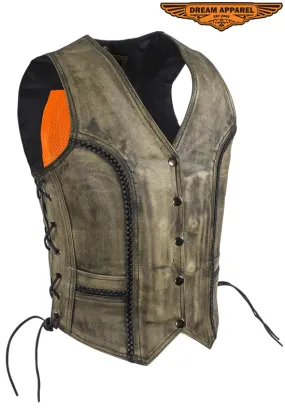 Women's Distressed Brown Leather Motorcycle Vest With Side Laces