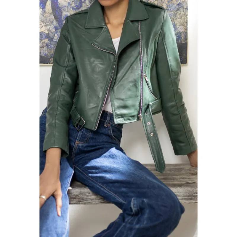 Womens Green Cropped Leather Jacket