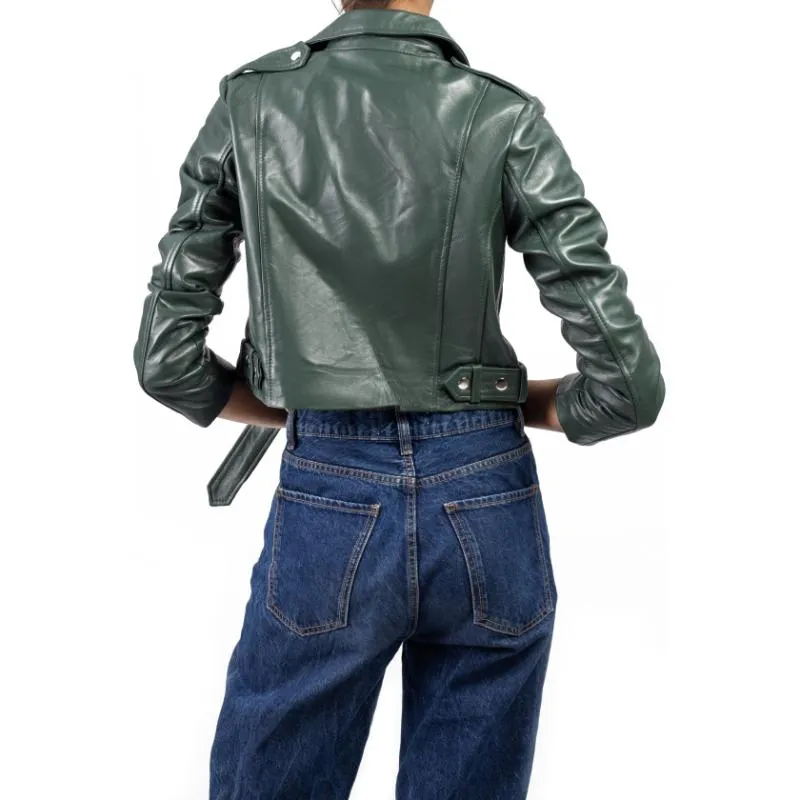 Womens Green Cropped Leather Jacket