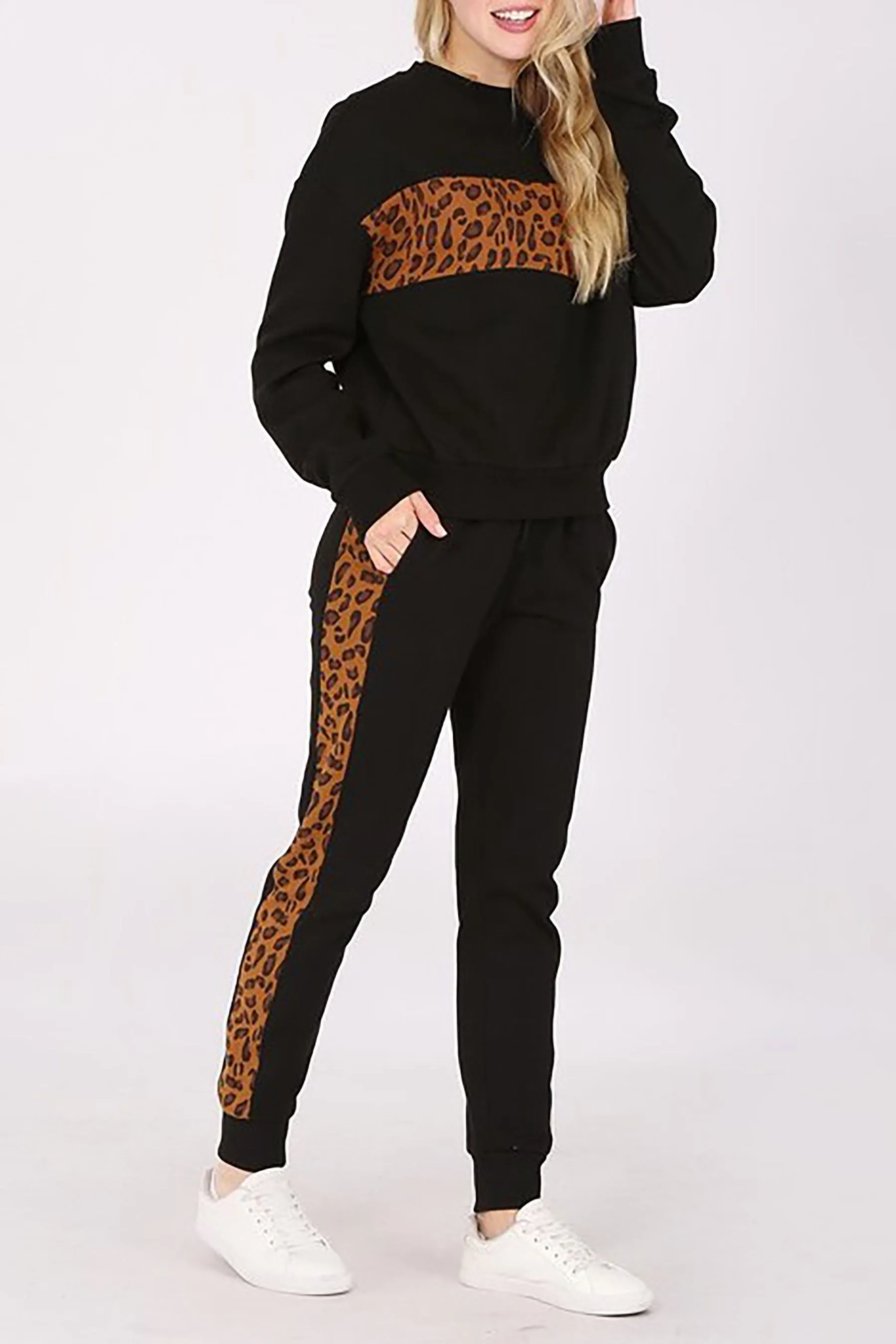 Women's Leopard Print Color Block Fleece Sweatshirt