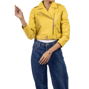 Womens Yellow Cropped Leather Jacket