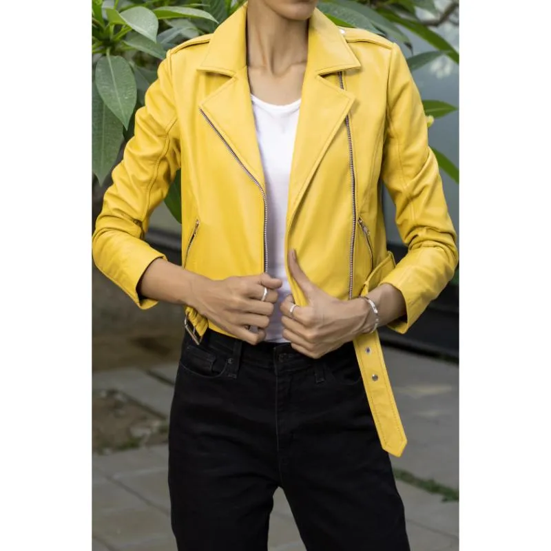 Womens Yellow Cropped Leather Jacket