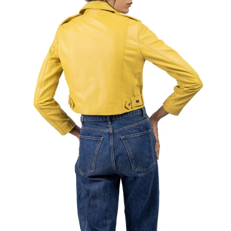 Womens Yellow Cropped Leather Jacket