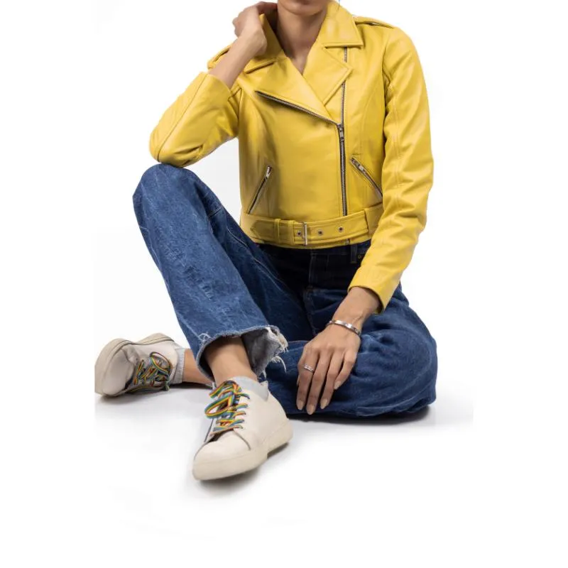 Womens Yellow Cropped Leather Jacket