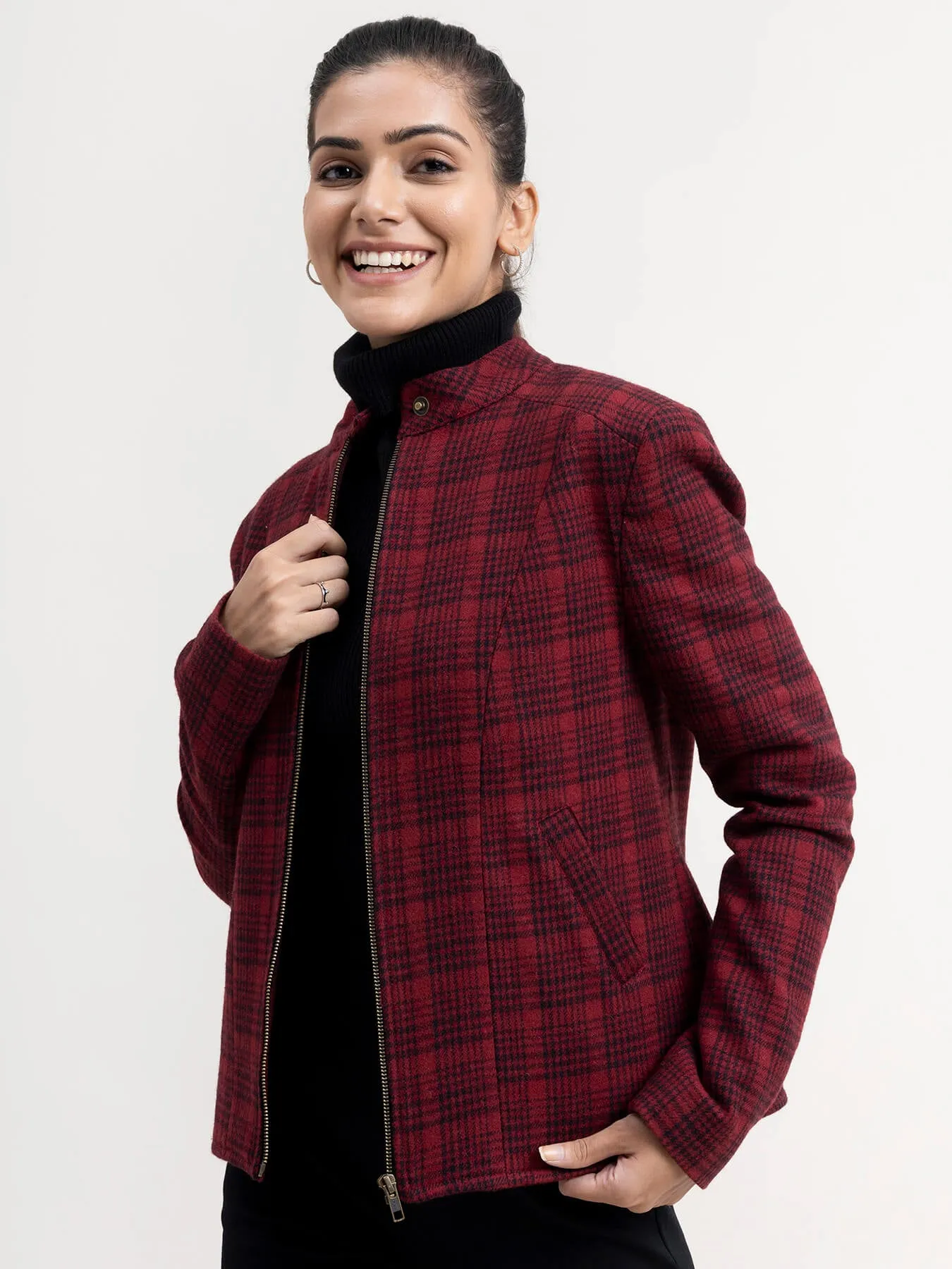 Wool Blend Houndstooth Jacket - Red