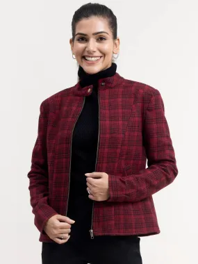 Wool Blend Houndstooth Jacket - Red