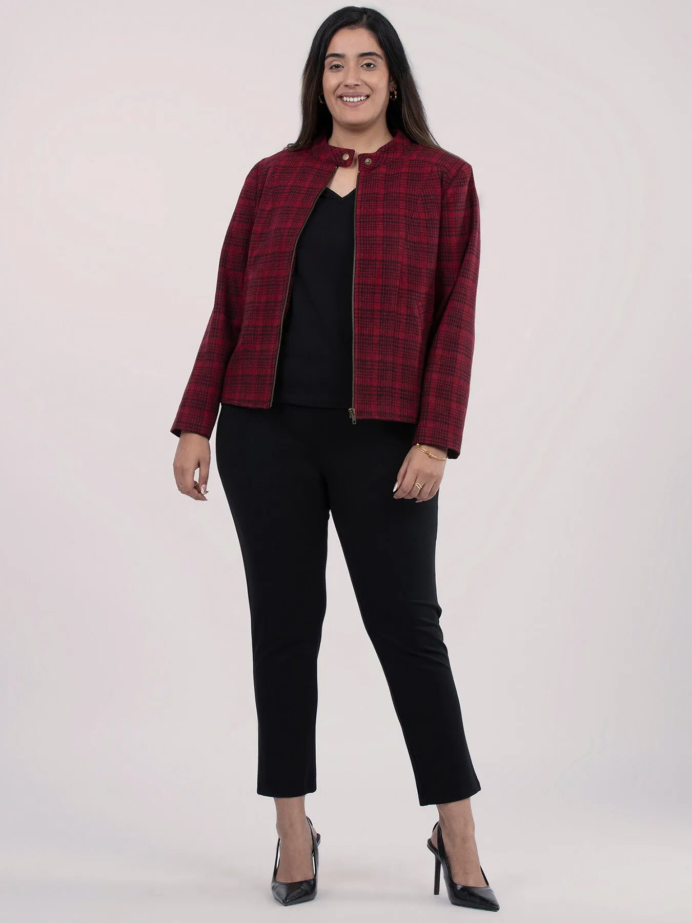 Wool Blend Houndstooth Jacket - Red