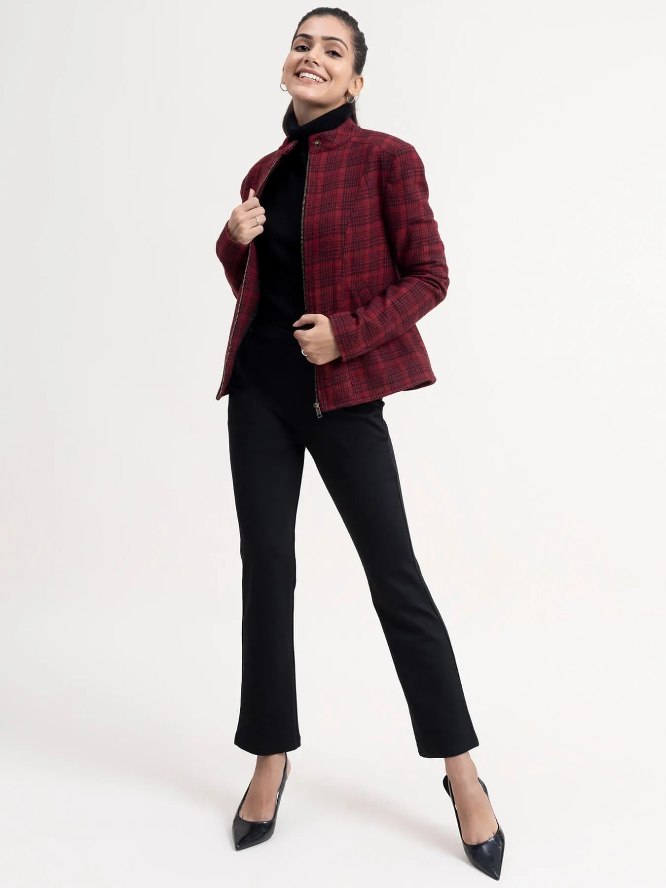 Wool Blend Houndstooth Jacket - Red