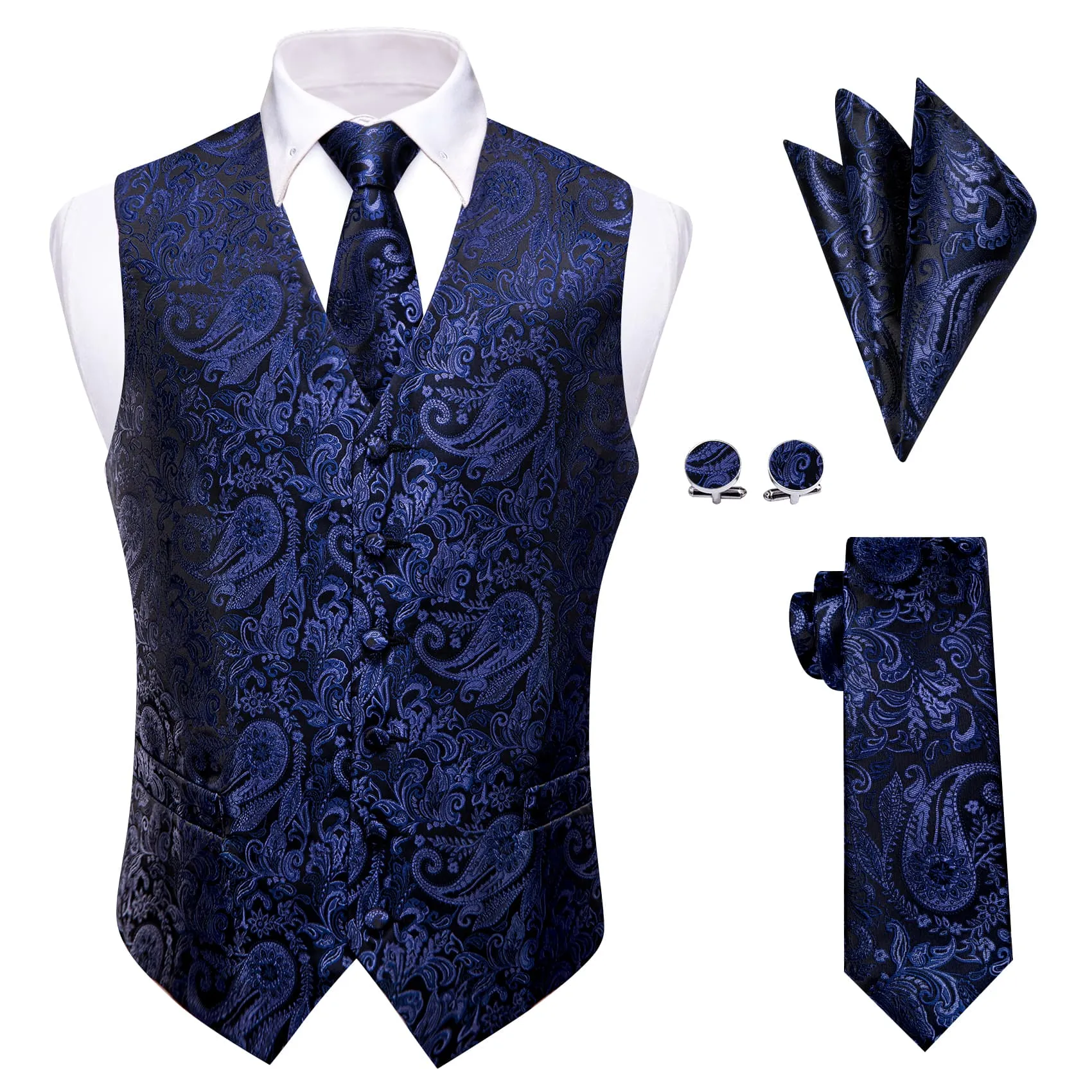 YourTies Blue Purple V-Neck Waistcoat Men Silk Paisley Vest Tie Set