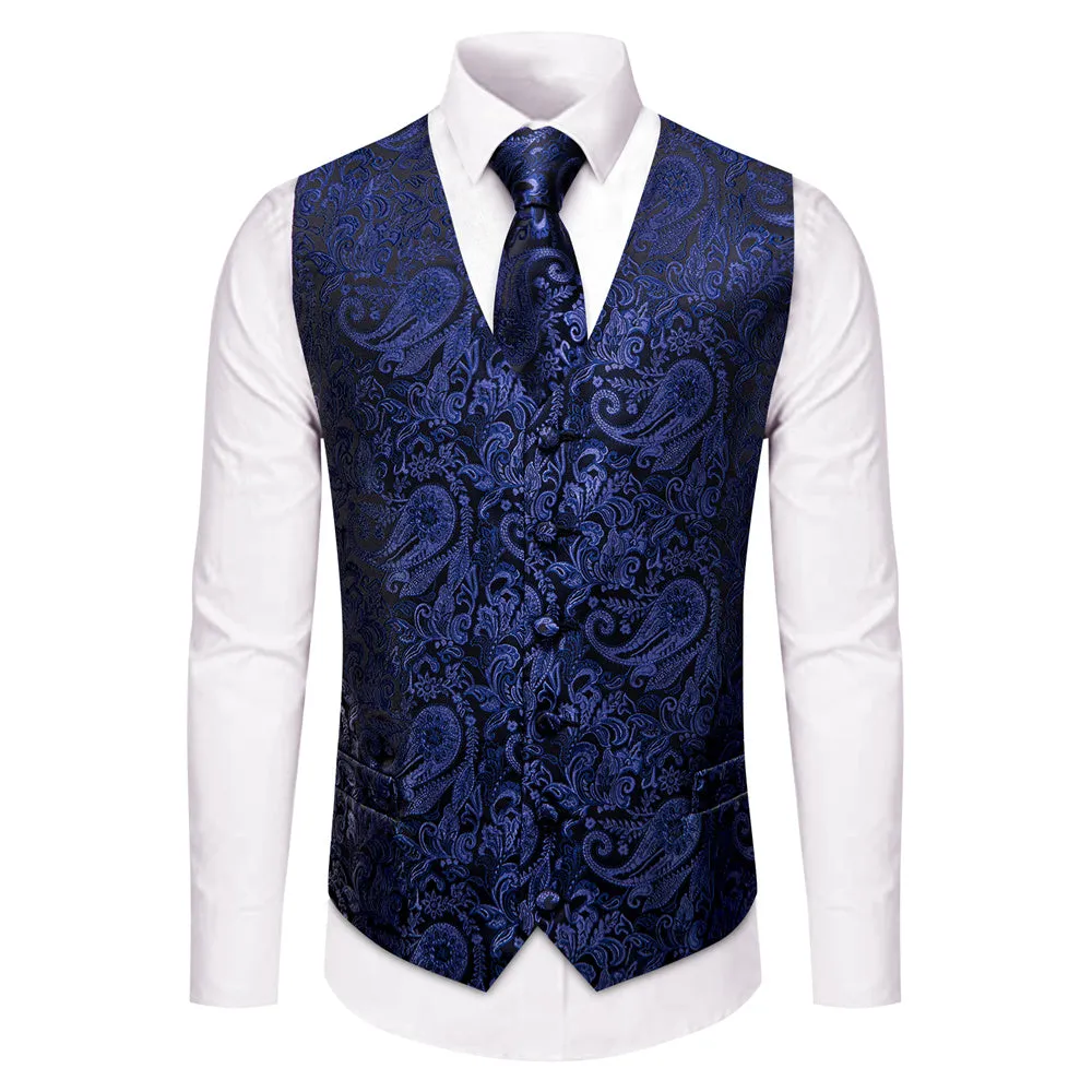 YourTies Blue Purple V-Neck Waistcoat Men Silk Paisley Vest Tie Set