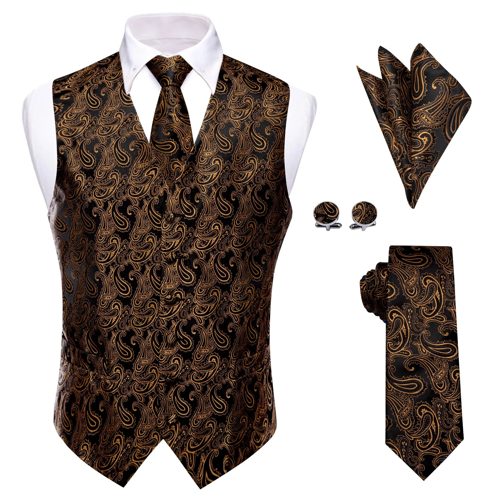 YourTies Brown Paisley Sleeveless Wedding Vest Necktie Set for Men