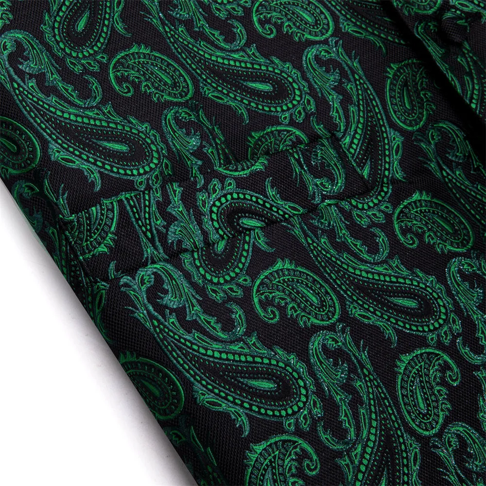 YourTies Green Paisley Silk Mens Waistcoat Necktie Hanky Cufflinks Set