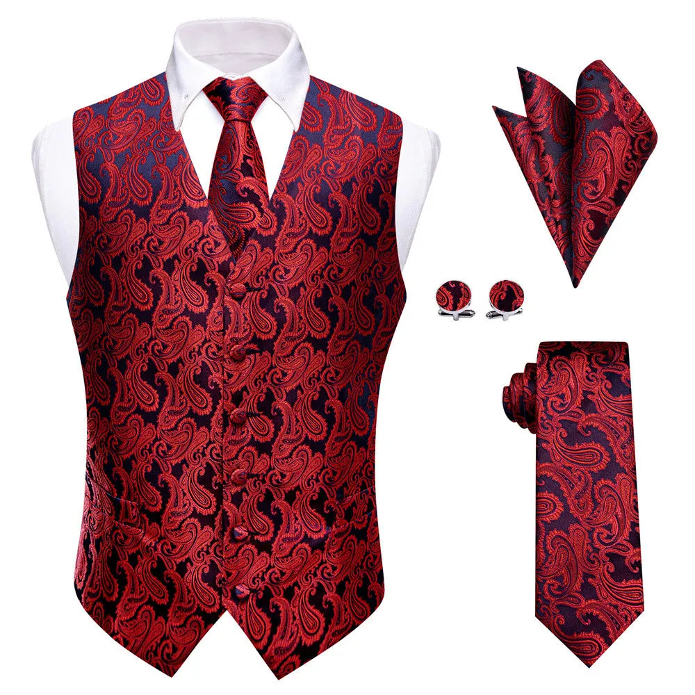 YourTies Red Black Paisley Waistcoat Vest Necktie Set for Men