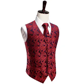 YourTies Red Black Paisley Waistcoat Vest Necktie Set for Men