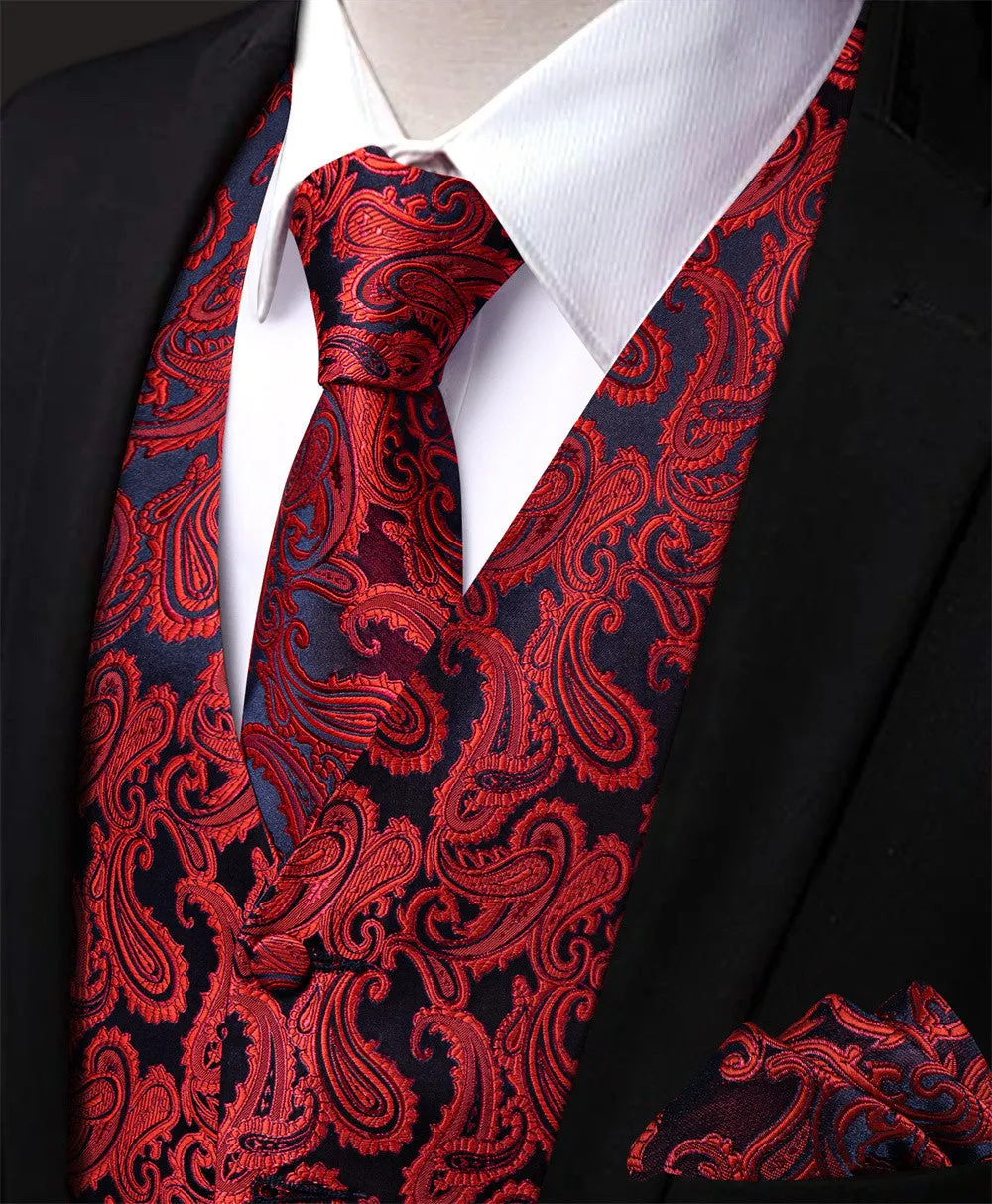 YourTies Red Black Paisley Waistcoat Vest Necktie Set for Men